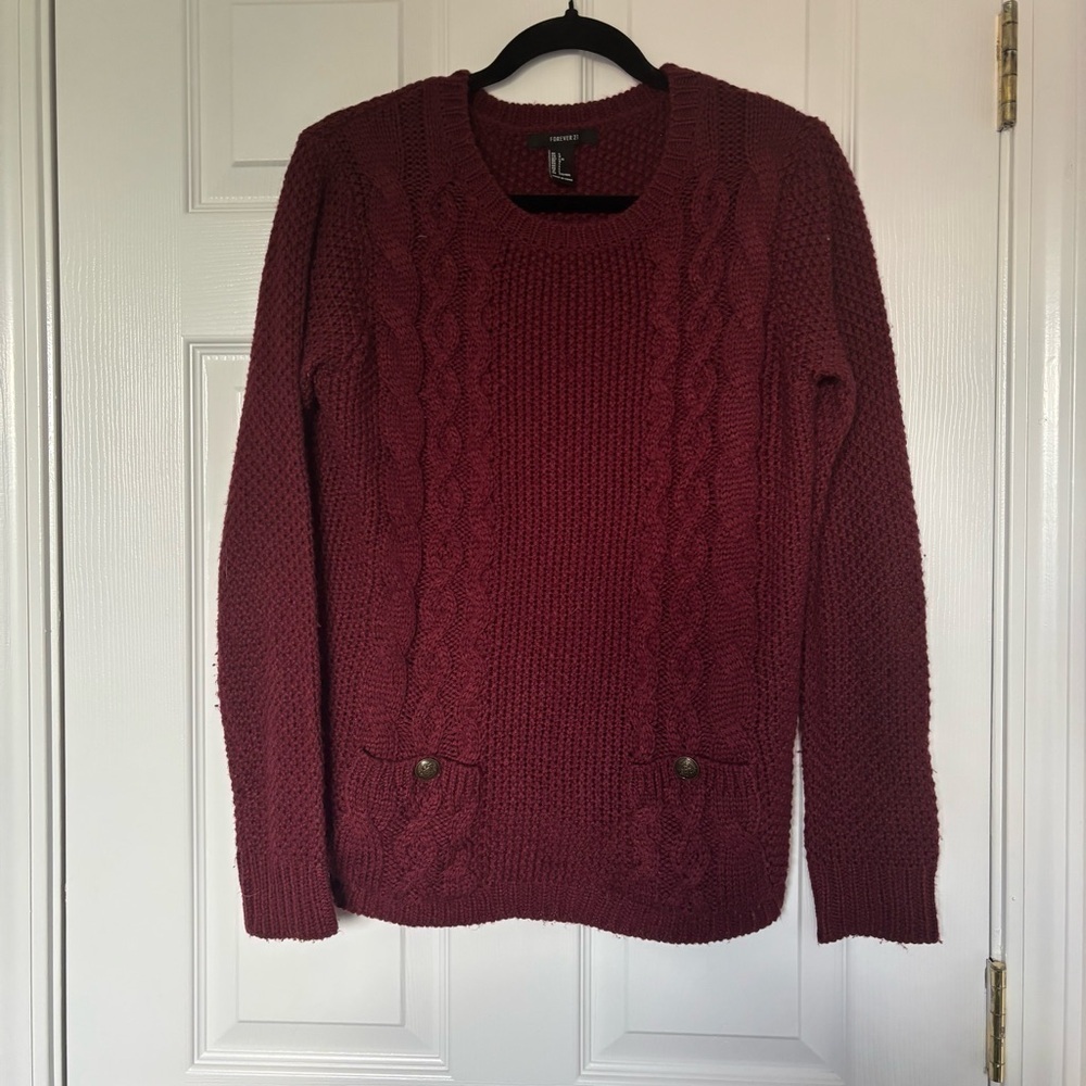 Forever 21 Burgundy Knit Sweater With Pockets Size Large